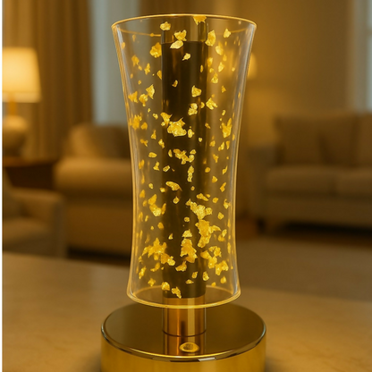 3D Illusion Golden Flakes LED Vase Shape Table Lamp with Touch Control – Warm Golden Glow Acrylic Night Light for Bedroom, Living Room, Office & Modern Home Décor Gift